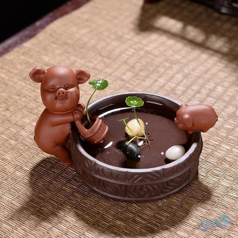 小猪茶宠茶道配件茶台茶玩陶瓷精品招财可爱多肉盆景盆栽PNU