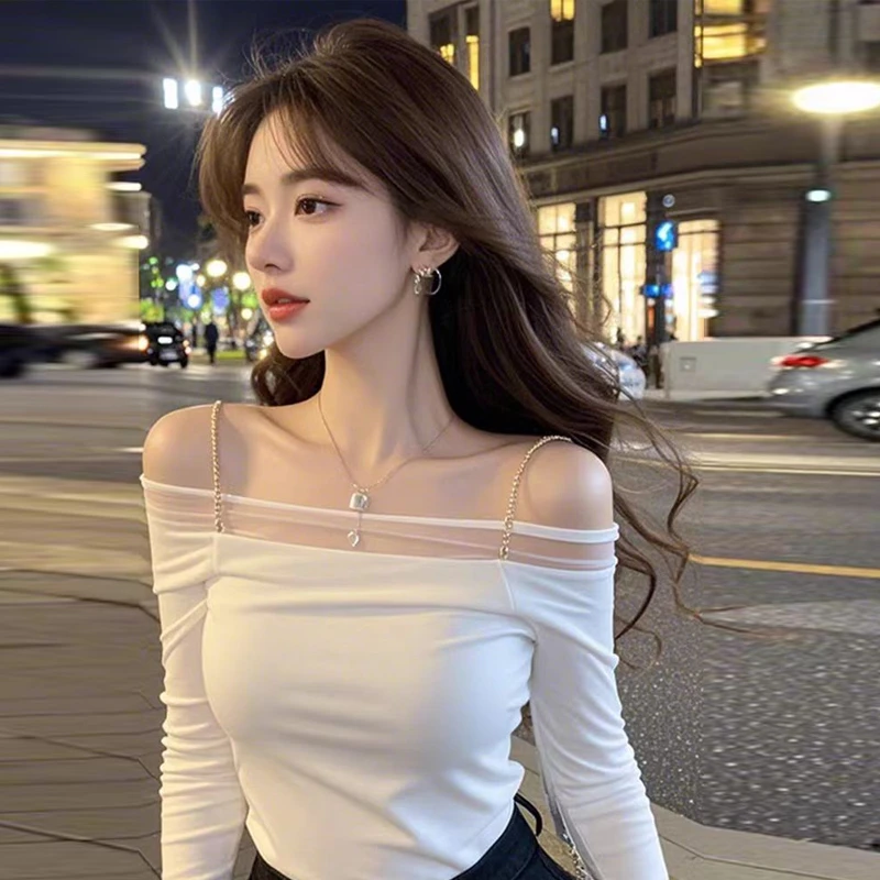 法式洋气网纱拼接长袖上衣女春秋2025新款辣妹纯欲风内搭打底衫潮