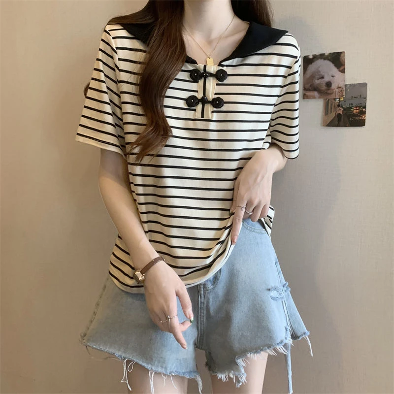 【简约通勤风格】条纹撞色短袖T恤女夏2025新款设计感小众法式海军
