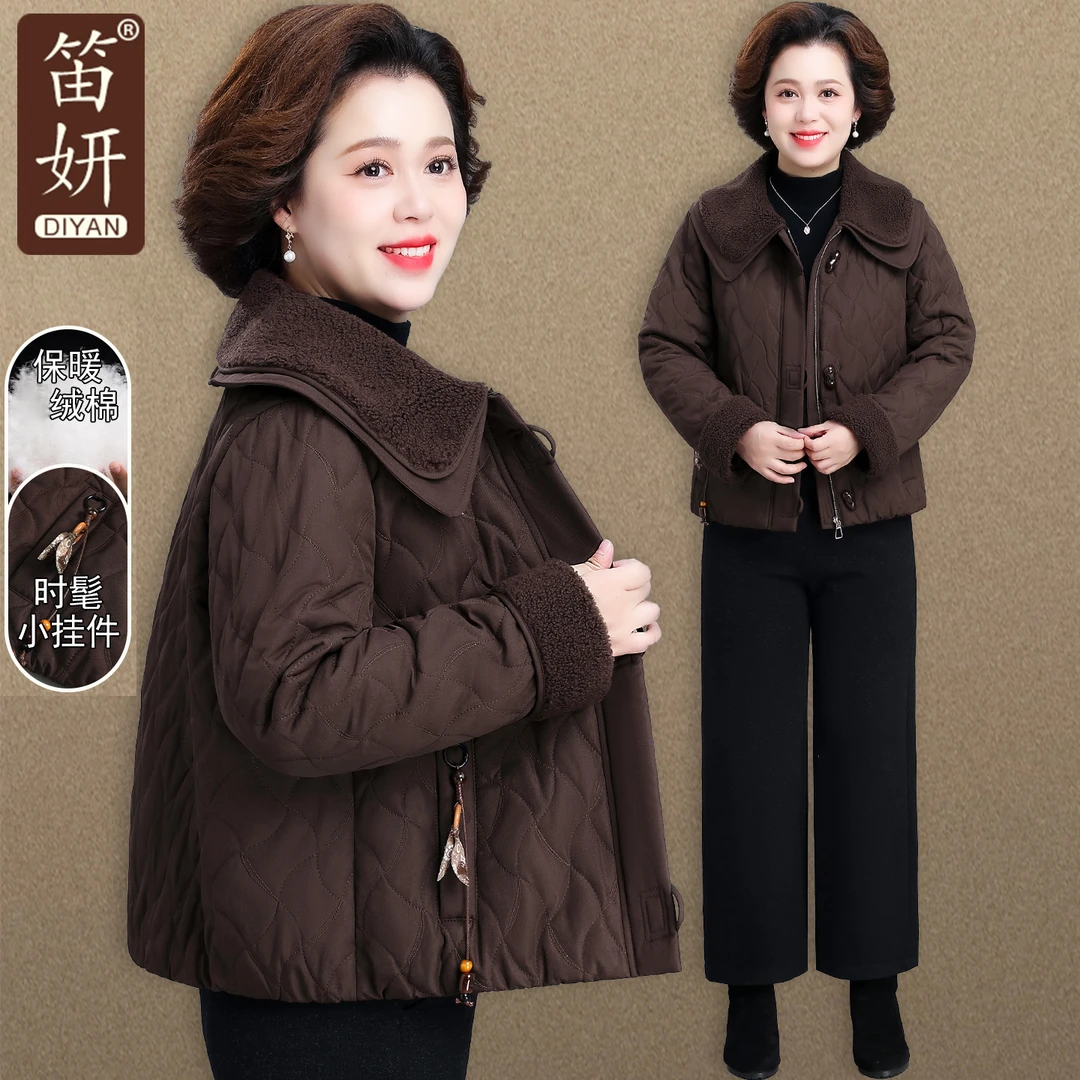 中年妈妈冬装轻薄羽绒棉服洋气中老年女秋冬羊羔领外套贵夫人棉衣