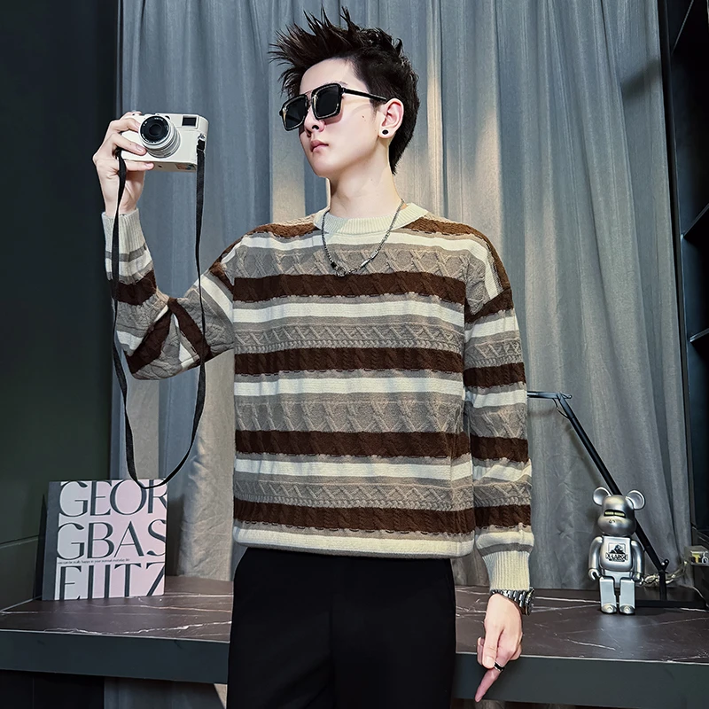 秋冬新款男士针织毛衣潮流圆领粗条纹针织衫上衣男士冬季打底衫男