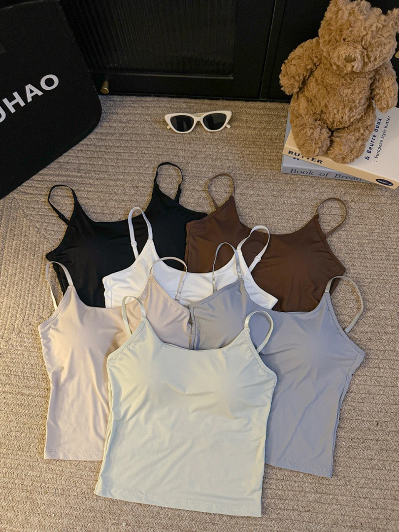 夏季新品冰丝美背吊带背心露背固定杯性感外穿内搭打底短款上衣女