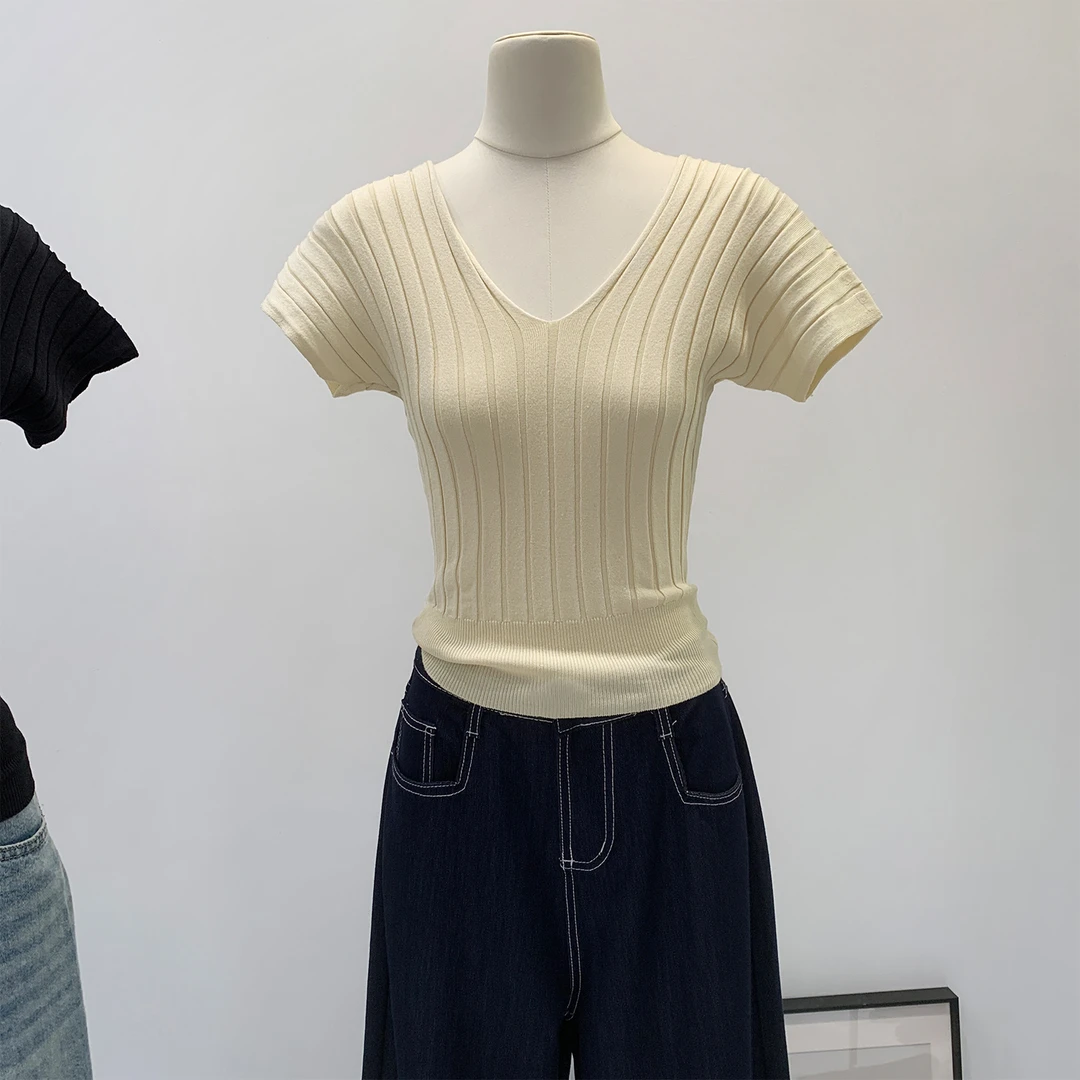 【部分现】坑条短袖针织衫女2025夏季新款修身显瘦单穿上衣M1296