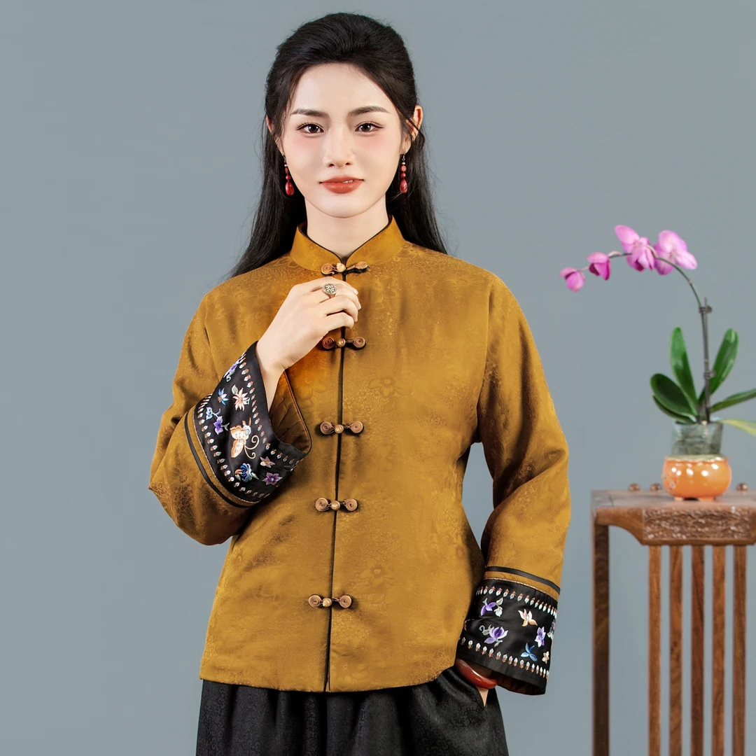 华族经典【250925W】桑蚕丝红云纱重工手推刺绣对襟夹棉加厚棉衣女