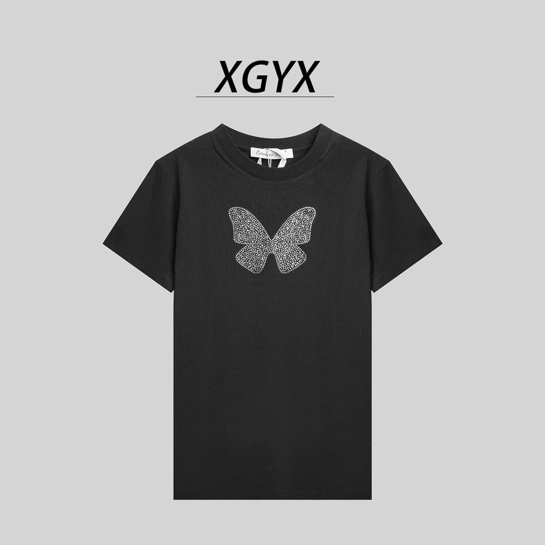 【烫钻蝴蝶】夏季重工蝴蝶烫钻圆领透气休闲百搭小版T恤6036