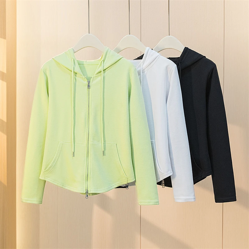 胖mm设计感收腰拉链长袖卫衣女2025秋季新款大码连帽开衫遮肚外套