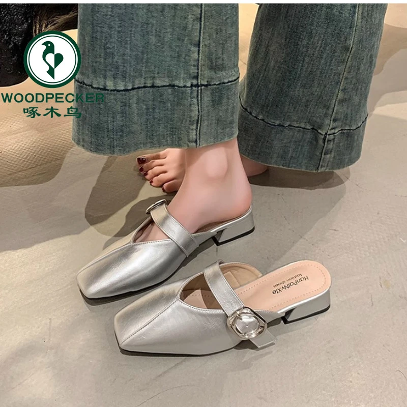 啄木鸟法式玛丽珍包头半拖鞋女外穿粗跟2025春夏新款配裙子凉拖鞋