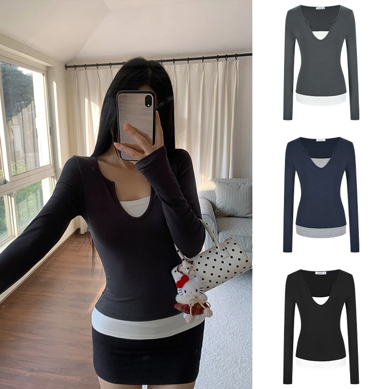 MosesQueen/魔西女王美式复古假两件长袖T恤拼接撞色辣妹紧身上衣