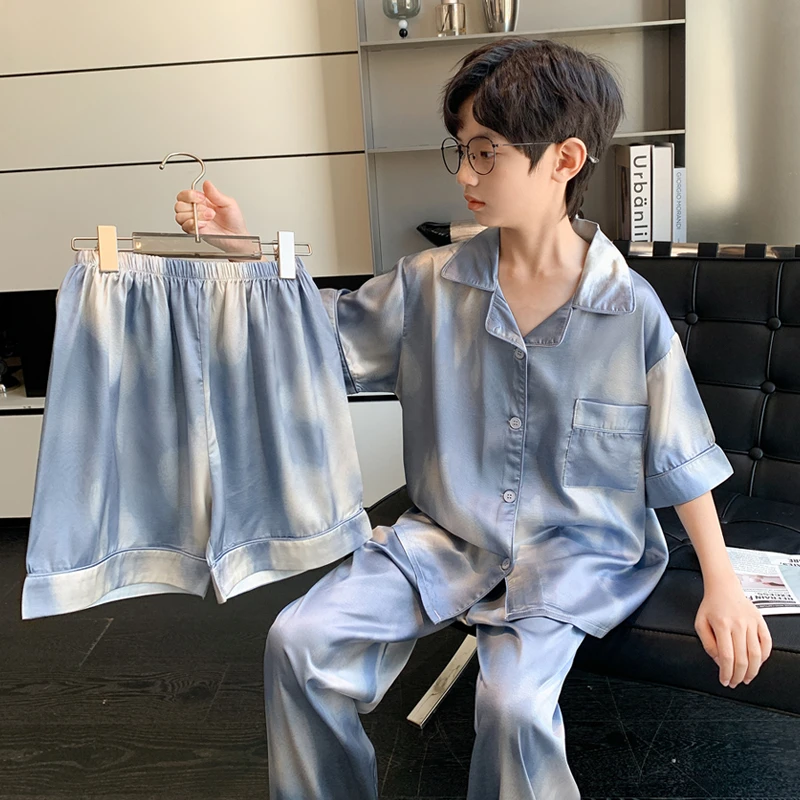 儿童睡衣夏季薄款男童冰丝三件套装10-15岁中大童短袖空调家居服