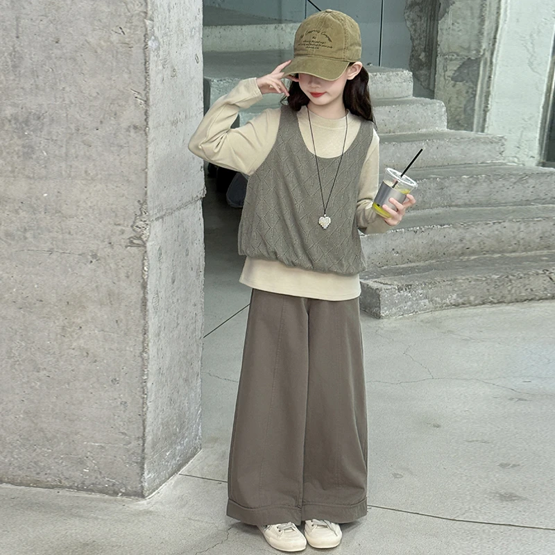 女童春秋套装2025新款女大童秋季韩系马甲阔腿裤儿童休闲三件套潮