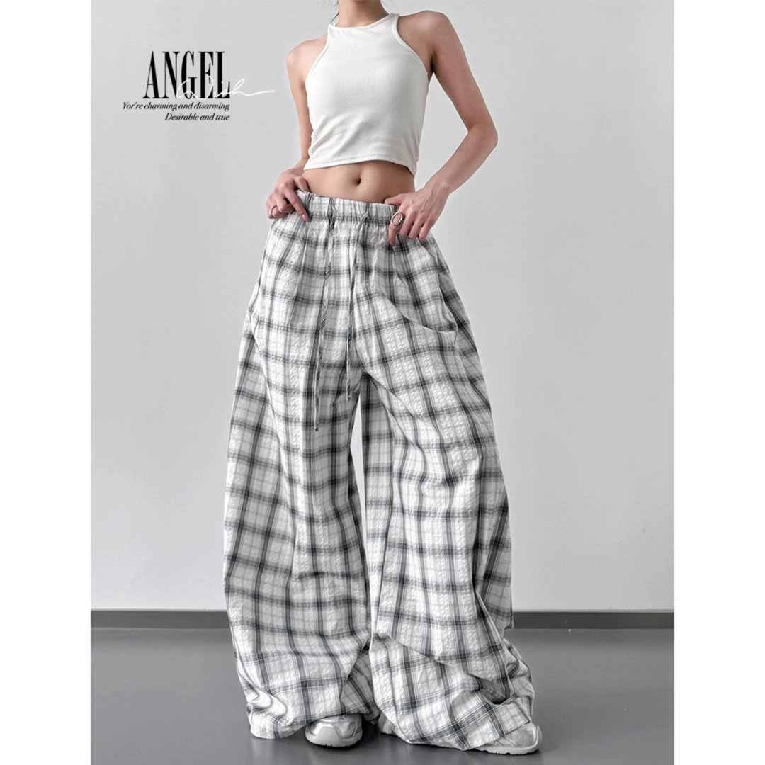 2025新款美式复古格子裤休闲裤女高腰显瘦百搭运动阔腿裤山本裤