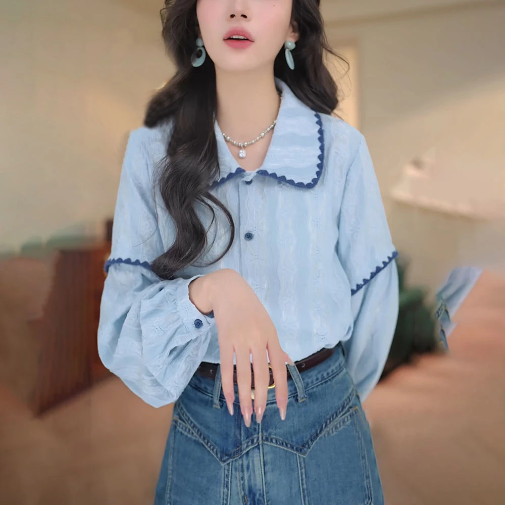 2025早秋新款女港风复古蓝色长袖衬衫高级感减龄洋气宽松休闲上衣