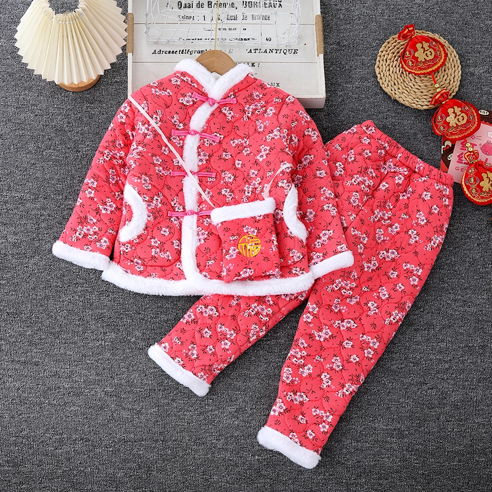 热销4东北花棉袄套装冬季宝宝拜年服加绒加厚男女童过年新款唐装