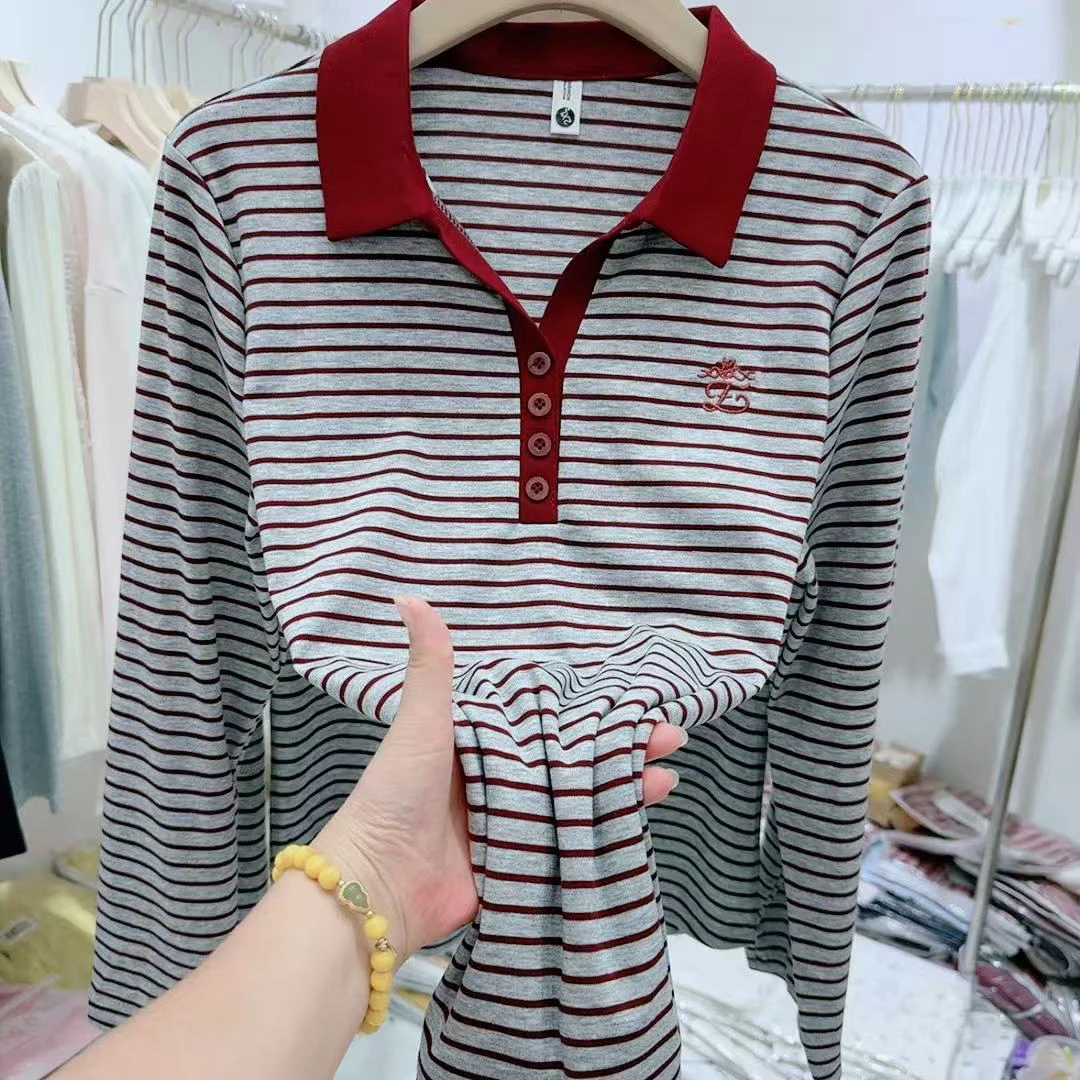 2025年秋季新款大码女装时尚百搭撞色条纹衬衫宽松长袖T恤打底衫