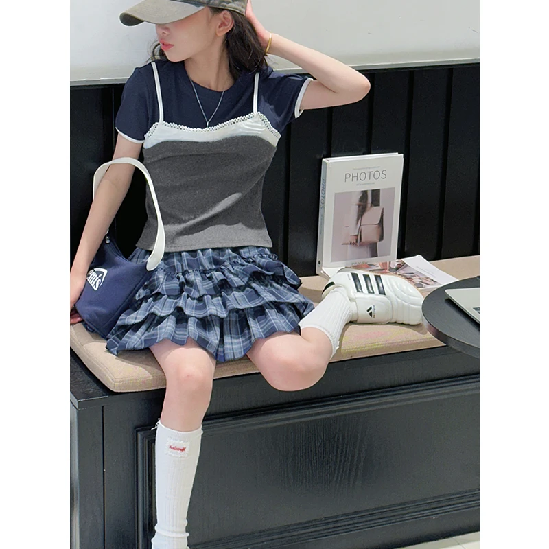 K28919假两件撞色女童夏装T恤短袖儿童上衣2025新款大童休闲衣服t