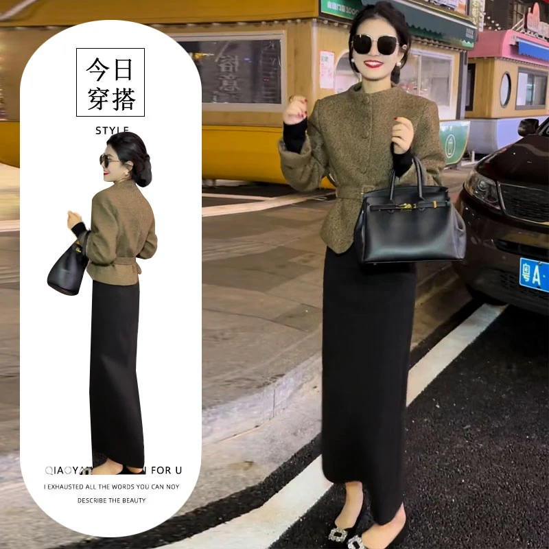 今年流行女装2025秋冬小香风复古圆领开衫外套高腰半身裙套装