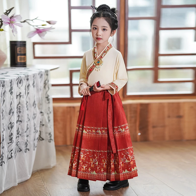 女童马面裙套装春2024新款古风汉服中国风古装女孩新中式唐装