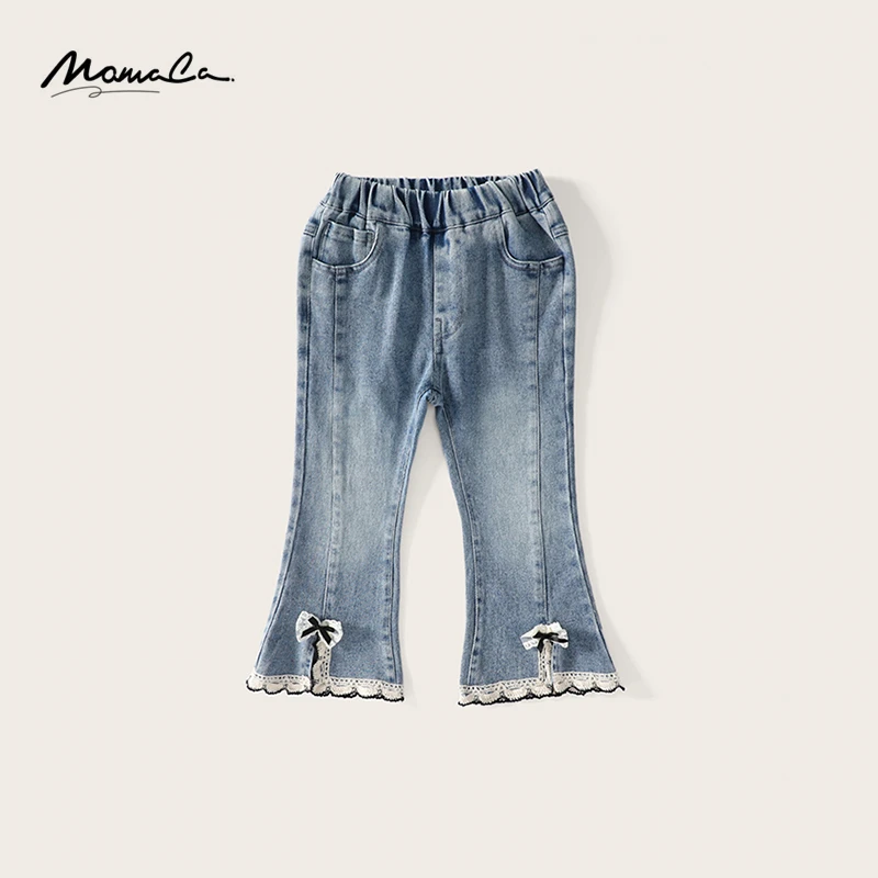 MOMOCO春季新款女童花边脚口时尚蝴蝶结牛仔裤77530350017