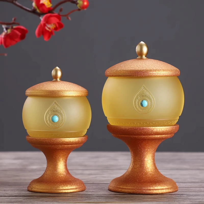圆通黄铜古法琉璃水杯供杯高档镶宝带盖茶杯净水杯桌面装饰摆件