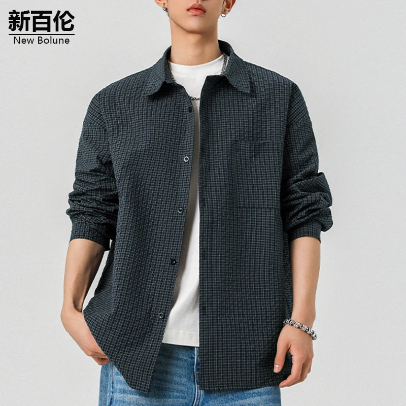 新百伦/NEW BOLUNE翻领格子衬衫男秋季新款百搭泡泡纱宽松外套