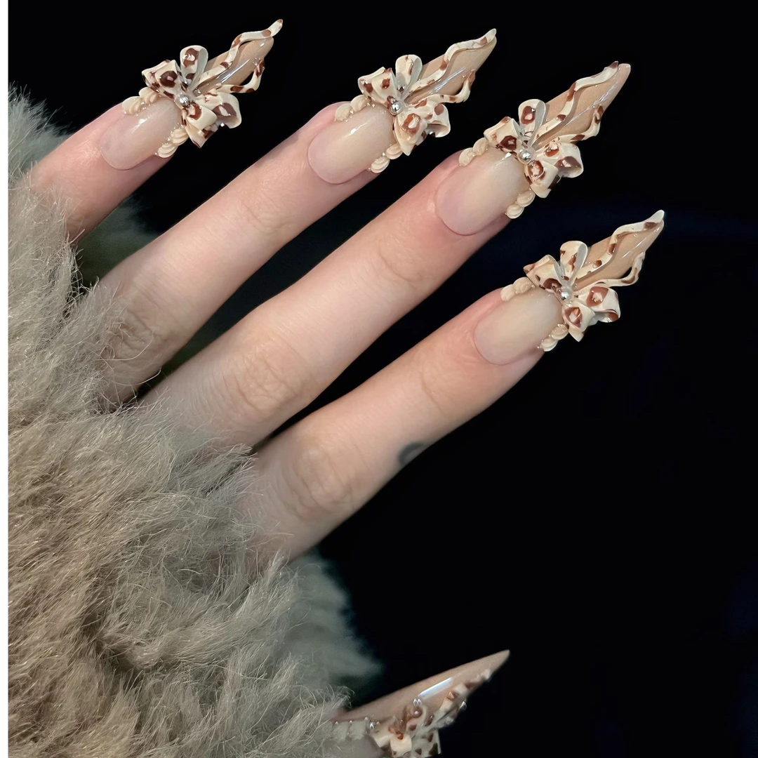 【甜蜜豹击】SHUYI奶油裸色尖形卡其色立体豹纹蝴蝶结手工穿戴甲