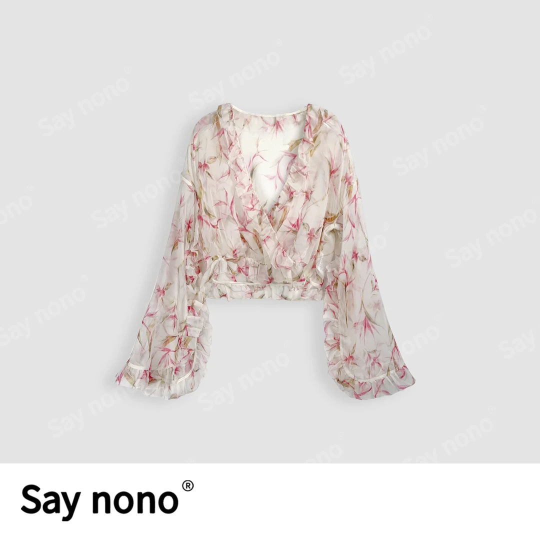 懒猫nono│Saynono 春季桑蚕丝开衫小外搭荷叶边V领短罩衫 H25127X