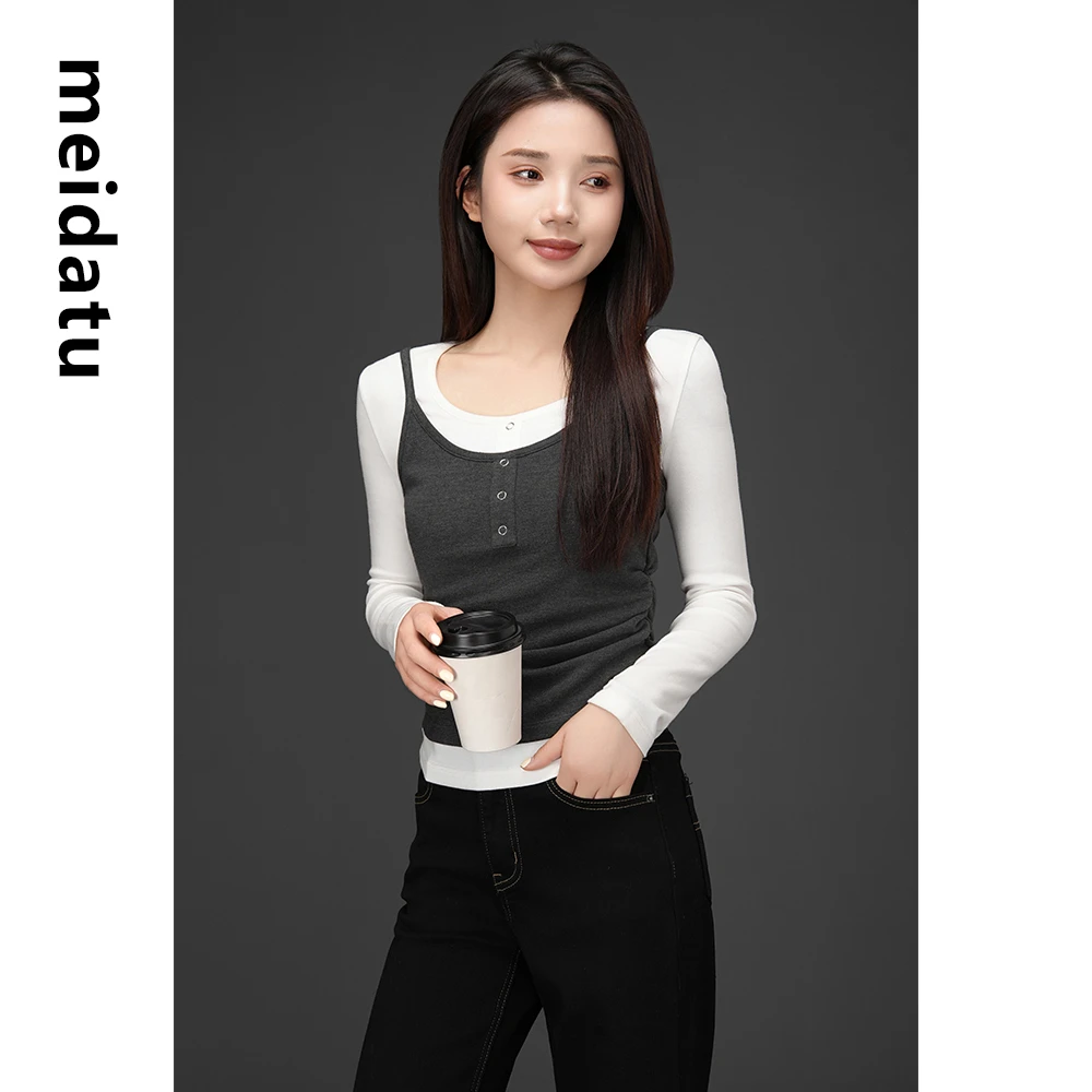 （破价款）设计收褶U领拼接假两件上衣（小个子版）bk3741-9Q