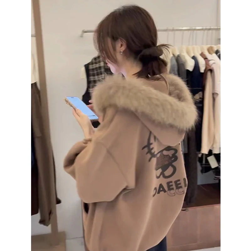 【珂塔芙】国潮牌毛领连帽卫衣女冬2025宽松慵懒风加绒加厚开衫外套