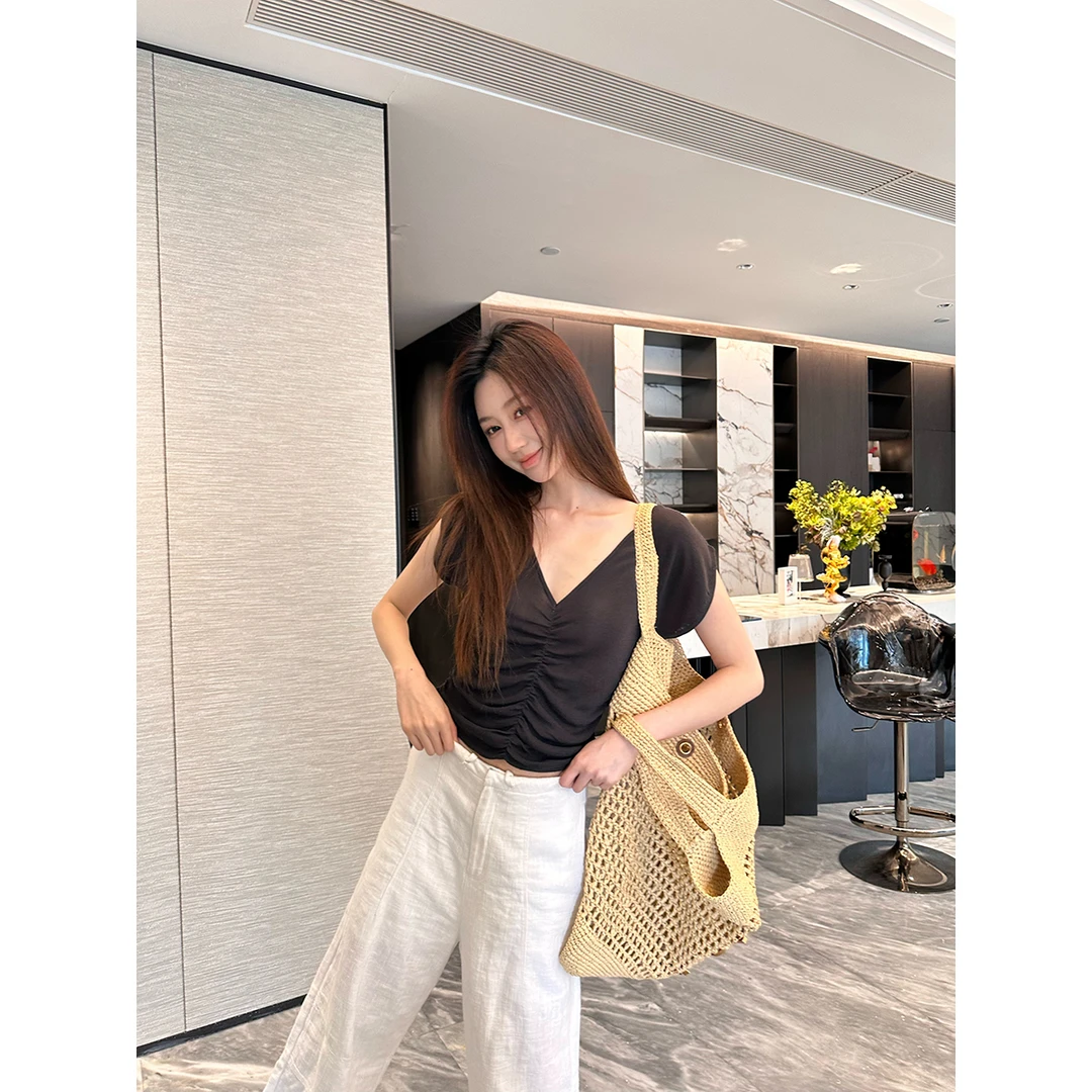 FORNI  天丝T 莱赛尔天丝V领褶皱短袖显瘦时尚休闲百搭夏季