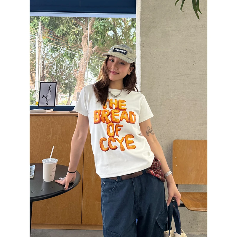 CCYE川川也美式面包字母正肩短袖修身显瘦未宽松上衣复古t恤圆领