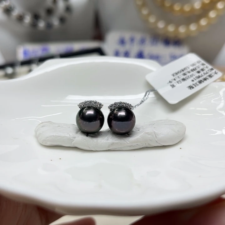 海水珍珠漏大溪地睫毛耳钉9-10mm银S925镶嵌