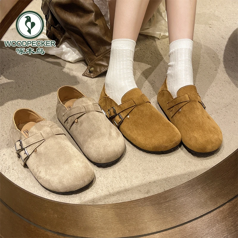 啄木鸟一脚蹬圆头勃肯鞋女鞋子2025年新款软底豆豆鞋大头乐福单鞋