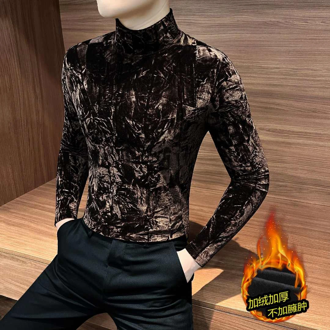 金丝绒打底衫男款秋冬款爆款2025新款加绒男装半高领男士长袖T恤