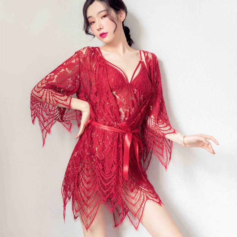 夏季新款迷人可爱性感少女型性感蕾丝睡裙睡衣外套套装女涤纶均码