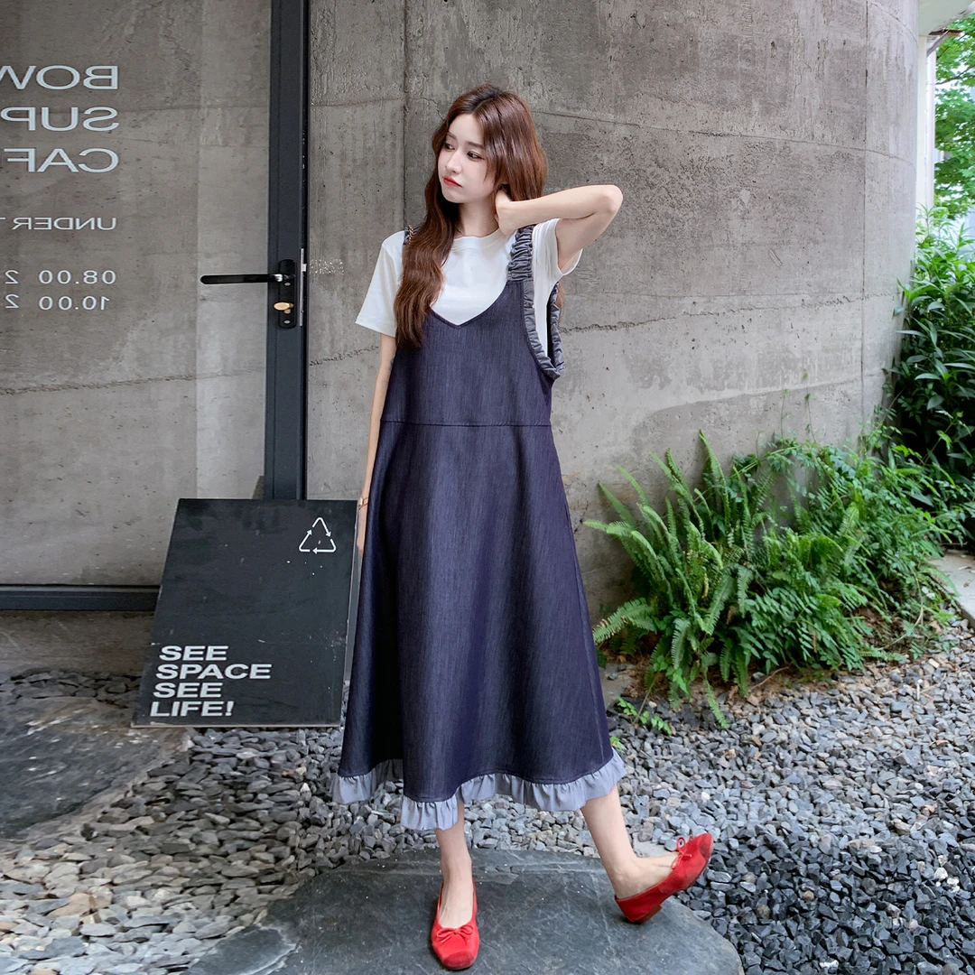 木耳边拼接牛仔背带连衣裙套装女2025夏季爆款宽松显瘦长裙两件套