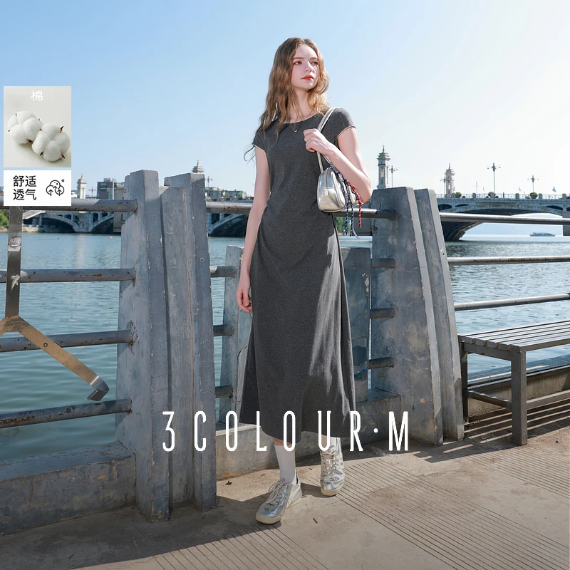三彩2025夏秋季新款设计感收腰灰色连衣裙A字圆领短袖T恤长裙女M