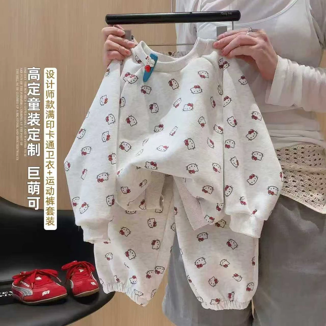2025新款女童华棉卫衣套装韩版洋气可爱满印Kitty猫图案圆领套装