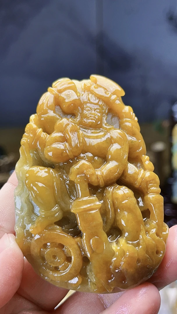天然缅甸翡翠油黄翡翡六臂不动明王毛货买断需抛光尺寸78-51-17