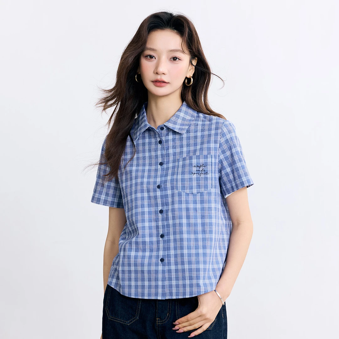 【一秒入夏】茵曼夏季纯棉港风复古格纹衬衫百搭舒适学院风短袖衬衣