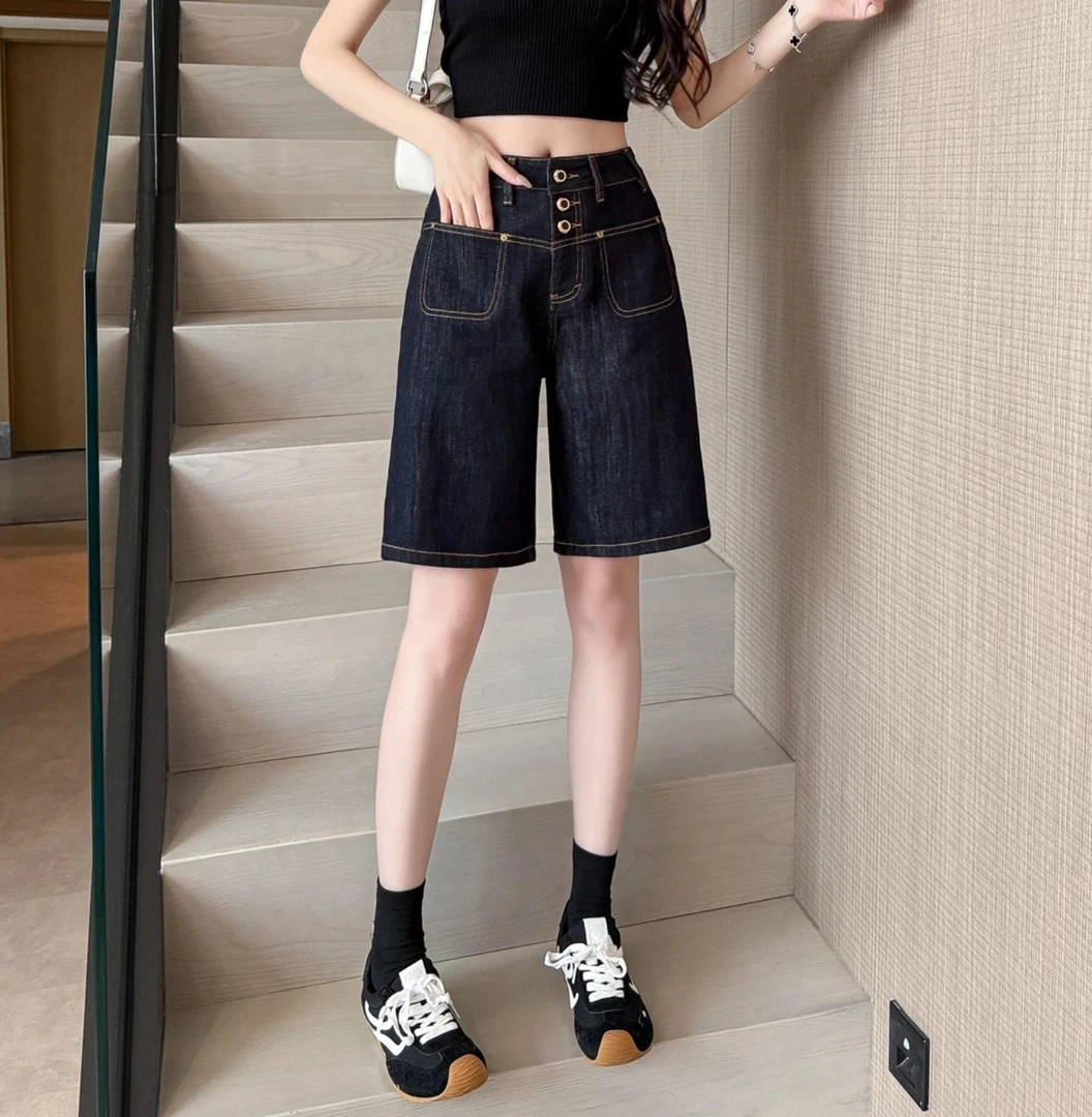 [扶摇]夏季新款丹宁四面弹中高腰A字女士牛仔短裤显瘦五分裤