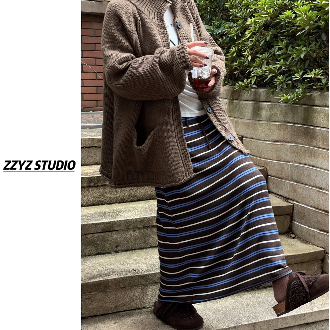 【ZZYZ】“撞色条纹裙”丝光羊毛 配色显瘦软糯针织裙半身裙长裙