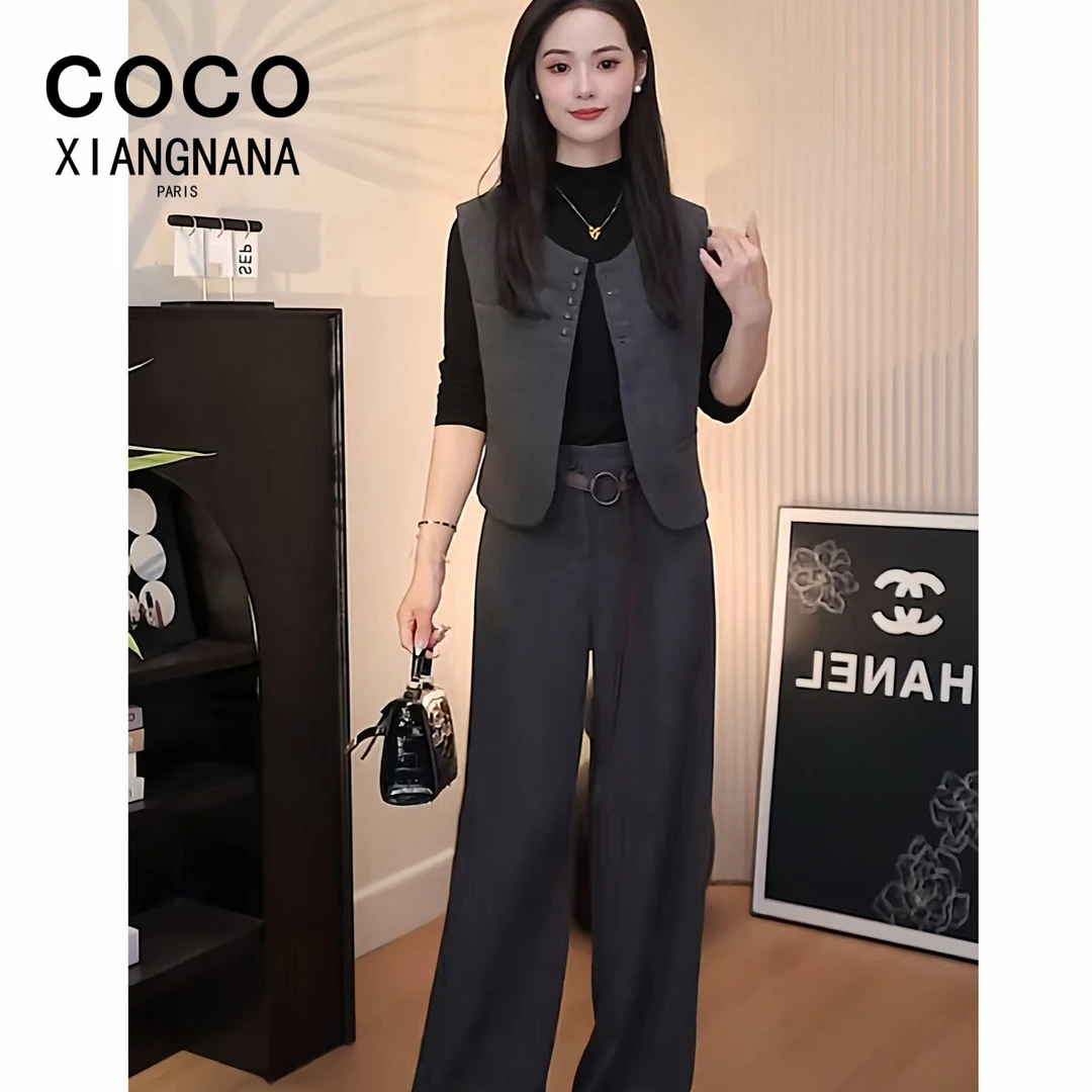 A3126时尚套装女2025秋季新款洋气显瘦马甲打底衫阔腿裤三件套