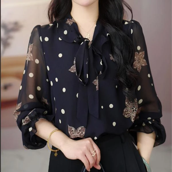 2025新款枫叶飞舞春季新款时尚衬衫飘带百搭显瘦减龄女装上衣衬衫