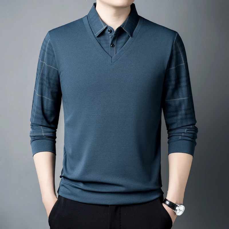 万古龙秋季长袖衬衫领商务绅士日常男爸爸装假两件百搭打底