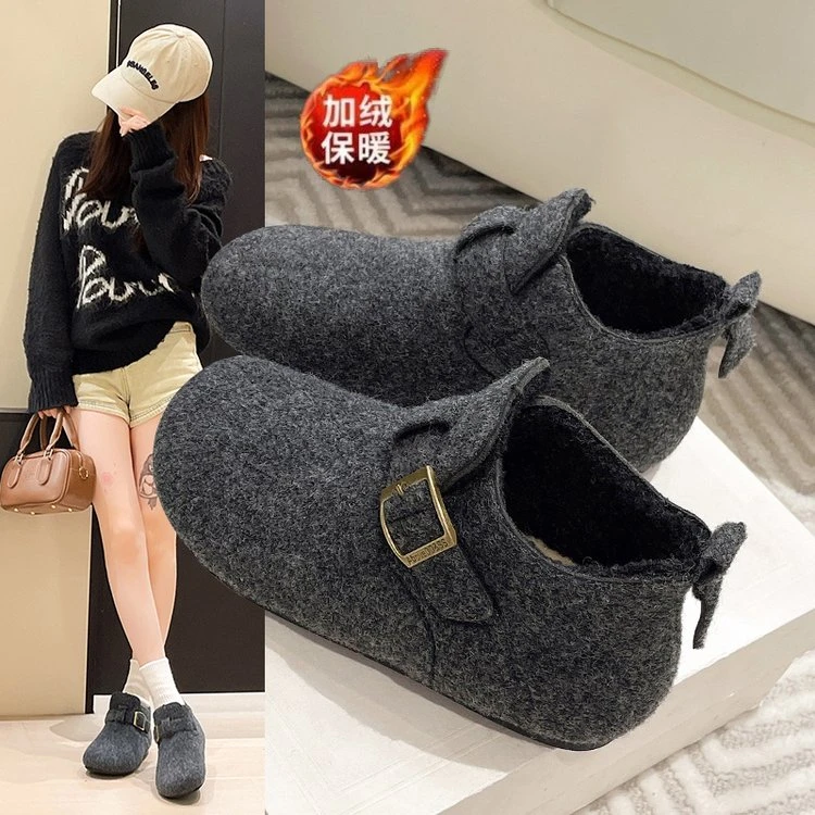 4cm内增高加绒勃肯鞋女2025秋冬真皮加厚保暖棉鞋一脚蹬灰色毛毛