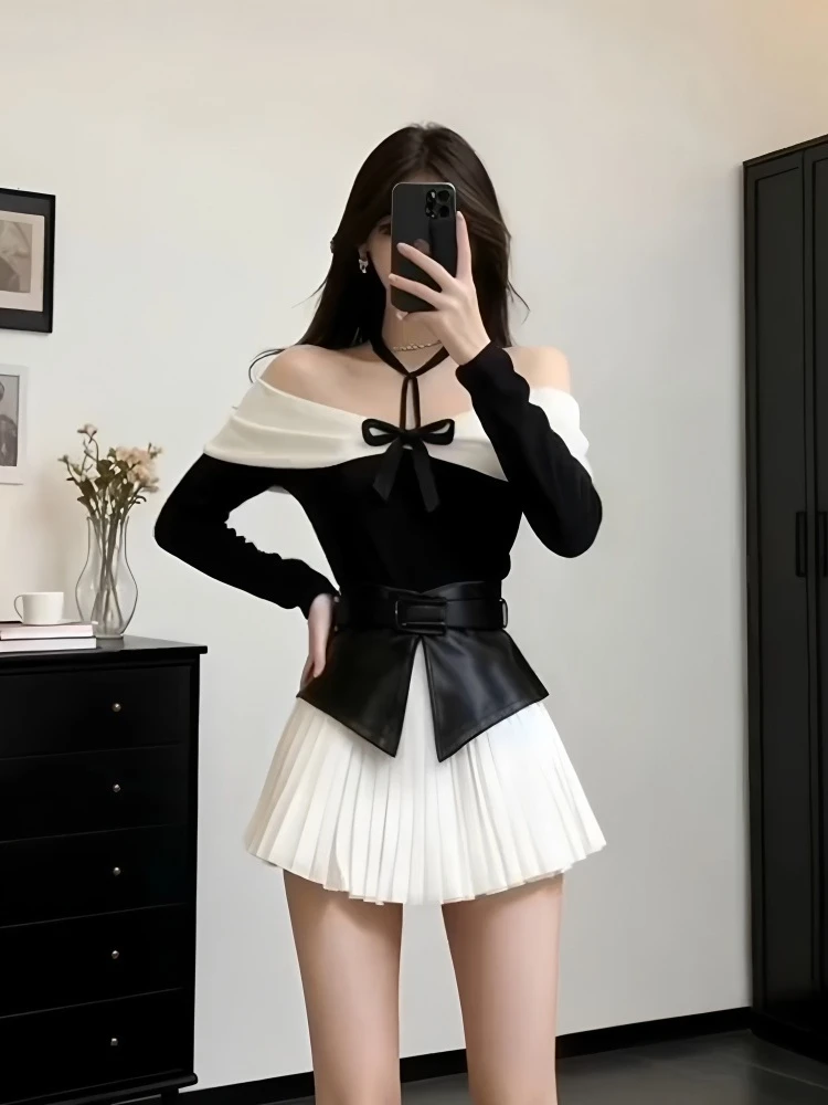 法式千金风性感挂脖撞色拼接一字肩拼接连衣裙配腰封加腰带三件套