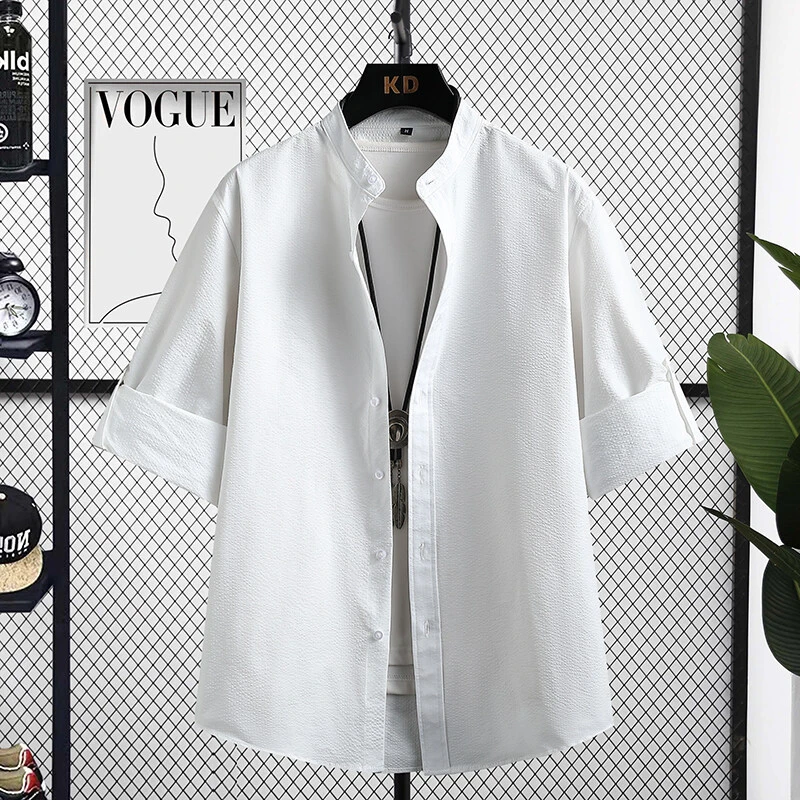 孙尚夏季男士新款七分袖立领衬衫薄款中国风休闲中式纯色衬衣8K05