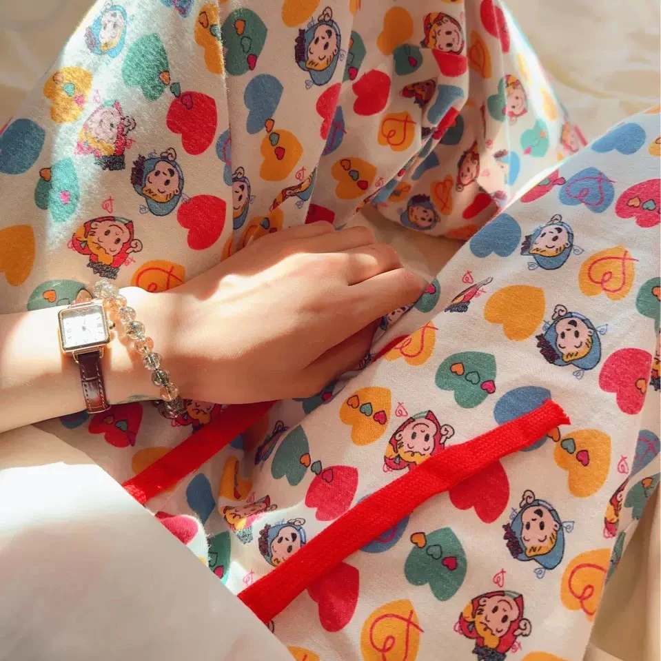 ins风全棉磨毛小清新原田治苹果樱桃宽松睡裤可爱甜美休闲居家裤