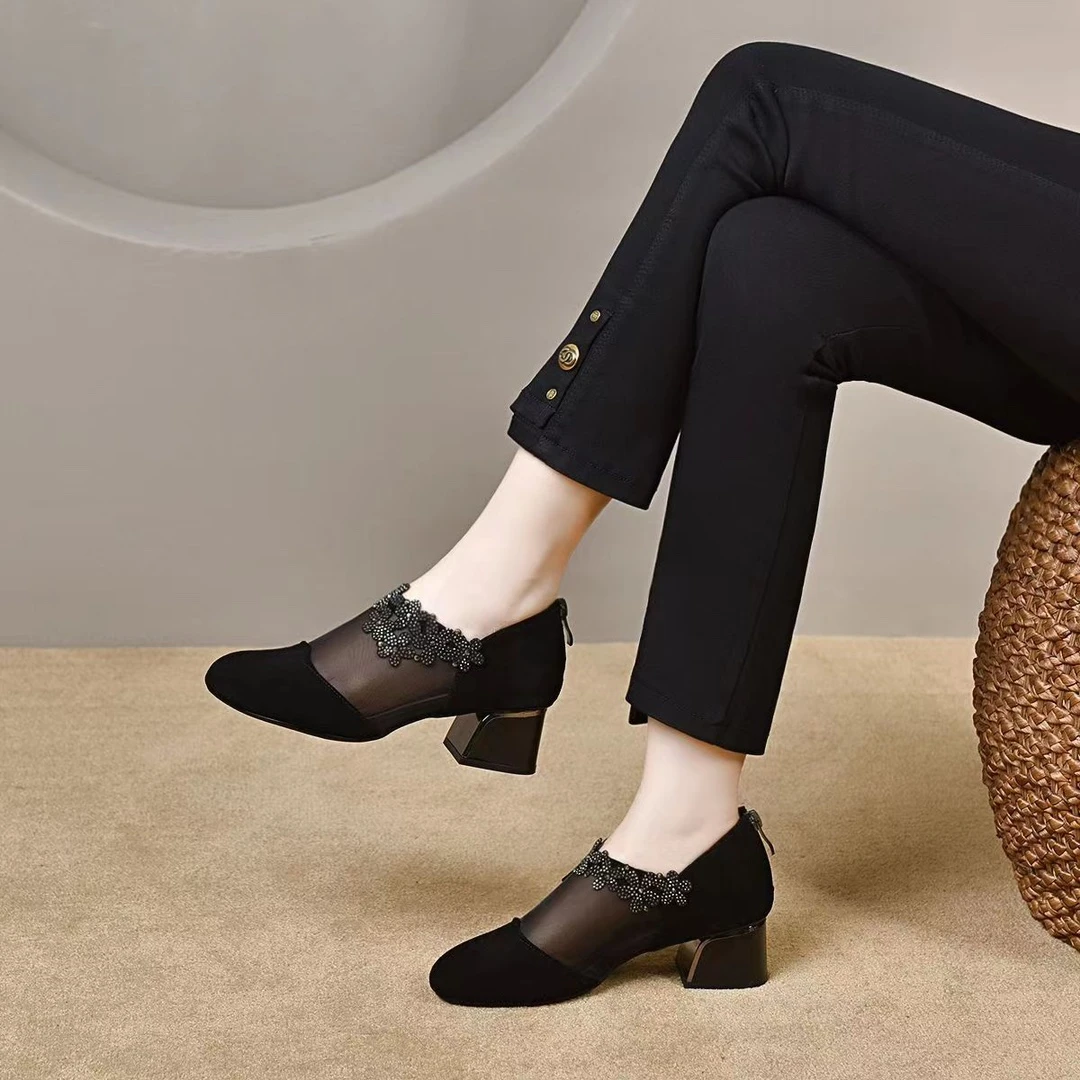 爆款真皮粗跟网靴女鞋新款磨砂春秋夏百搭凉鞋网面透气小短靴