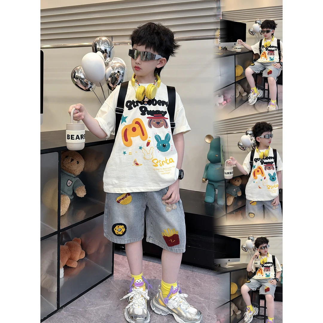 蛋蛋家【卡通动物】夏季新款儿童米色卡通动物印花短袖套装